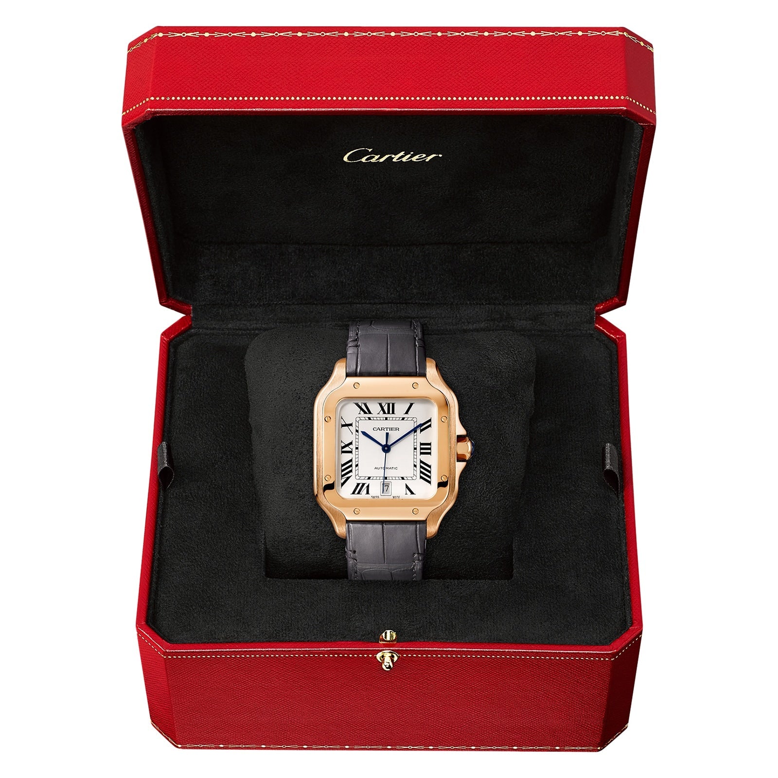 Santos de Cartier Large Model | 40mm, 18K Rose Gold, Alligator Leather, Silver Dial