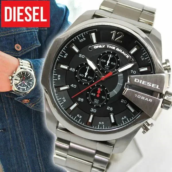 Diesel DZ4308 Mega Chief Chronograph Men's Watch – Black Dial & Silver Stainless Steel Strap